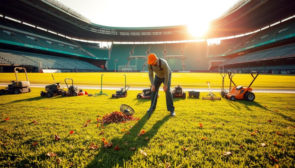 A lush, verdant sports field bathed in warm afternoon sunlight. In the foreground, a groundskeeper in a crisp uniform diligently tending to the pristine grass, raking leaves and aerating the soil with skilled precision. The middle ground features an array of specialized groundskeeping equipment - mowers, trimmers, and hand tools neatly organized and ready for use. In the background, the towering stands of a professional sports stadium loom, a testament to the groundskeeper's crucial role in maintaining the playing surface to the highest standards. A tranquil, focused atmosphere pervades the scene, highlighting the groundskeeper's dedication and the fulfilling nature of their career path.