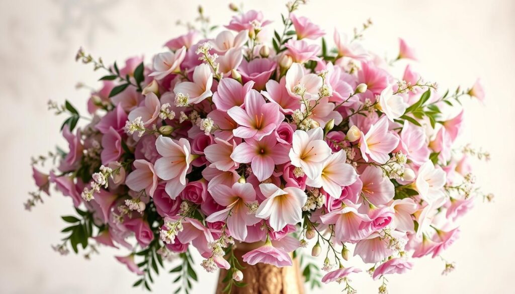 A lush, vibrant floral arrangement showcasing the intricate skills of a talented flower designer. In the foreground, a stunning bouquet of cascading blooms in a soft, romantic color palette - delicate petals in shades of pink, lavender, and ivory. The middle ground features an elegant vase or vessel, its shape and texture complementing the organic forms of the flowers. In the background, a softly blurred, light-filled studio setting, with muted tones and a sense of tranquility. The overall composition exudes a sense of harmony, balance, and artistic mastery, reflecting the skill and artistry of a true floral design professional.