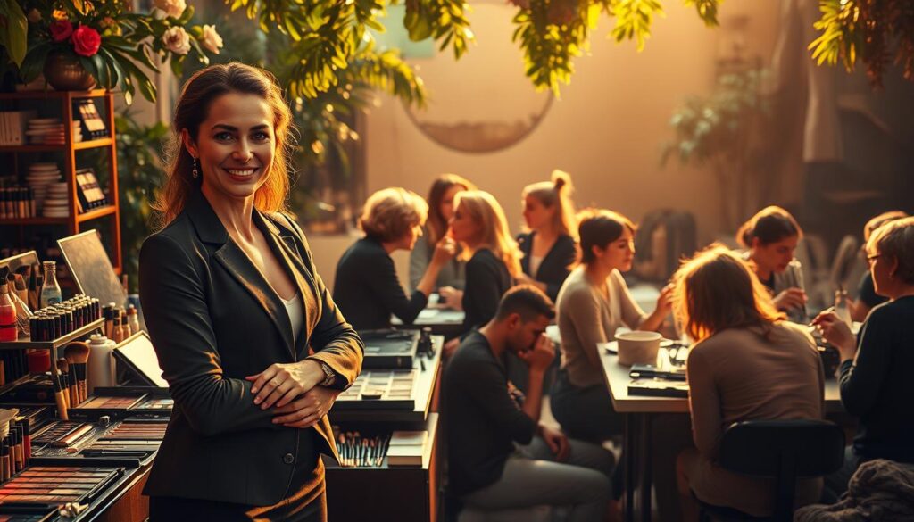 A lush, vibrant scene showcasing the income disparity among makeup artists. In the foreground, a successful, well-dressed artist stands confidently, surrounded by an array of high-end cosmetics and brushes. In the middle ground, several mid-level artists work diligently, their expressions focused as they apply makeup. In the distant background, struggling artists huddle together, their workspace bare and modest. Warm, golden lighting casts an optimistic glow on the foreground, while the background fades into cooler, more somber tones. The composition invites the viewer to explore the varying levels of success and the factors that contribute to the income differences within the makeup artist profession.