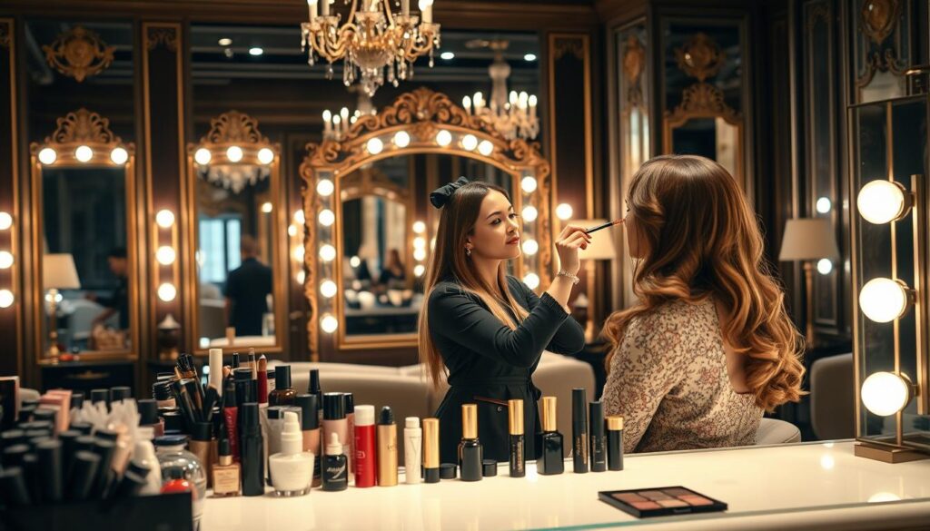 A luxurious and elegant salon interior, with a well-lit vanity area in the foreground showcasing various high-end hair and makeup products. In the middle ground, a professional ヘアメイクアーティスト stands before a client, carefully applying makeup with precision and artistry. The background features a large, ornate mirror reflecting the scene, along with tasteful decor elements like chandeliers and plush seating. The lighting is soft and flattering, creating a warm, inviting atmosphere that captures the skill and expertise of a seasoned ヘアメイクアーティスト. The overall scene conveys the high-end, in-demand nature of this specialized profession and the potential for lucrative earnings.