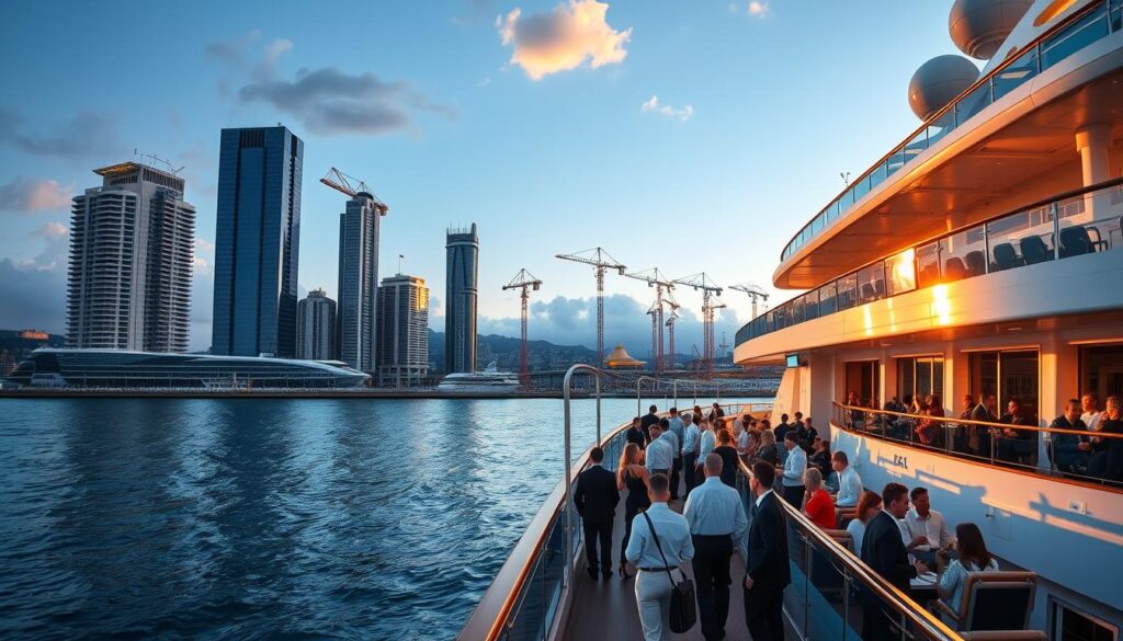 A luxurious cruise liner docked at a bustling harbor, its sleek silhouette reflecting the glow of the setting sun. The deck is filled with well-dressed passengers enjoying the ocean breeze, while staff in crisp uniforms attend to their needs. In the background, modern high-rise buildings and cranes dot the skyline, symbolizing the industry's evolution. The scene conveys a sense of opulence, comfort, and the latest trends in the cruise industry, capturing the essence of the evolving landscape of the cruise ship passenger experience.