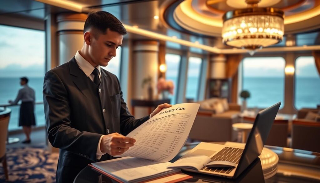 A luxurious cruise ship interior, with a large window overlooking the ocean. In the foreground, a cruise ship purser in a crisp uniform is reviewing a detailed salary chart, illuminated by soft, ambient lighting. The middle ground features meticulously organized financial documents and a laptop, hinting at the administrative and financial responsibilities of the role. The background showcases the grandeur of the ship's interior, with elegant decor and furnishings that evoke the high-end nature of the cruise industry. The overall scene conveys the professionalism, attention to detail, and financial acumen required of a cruise ship purser, while also highlighting the comfortable, well-appointed working environment.