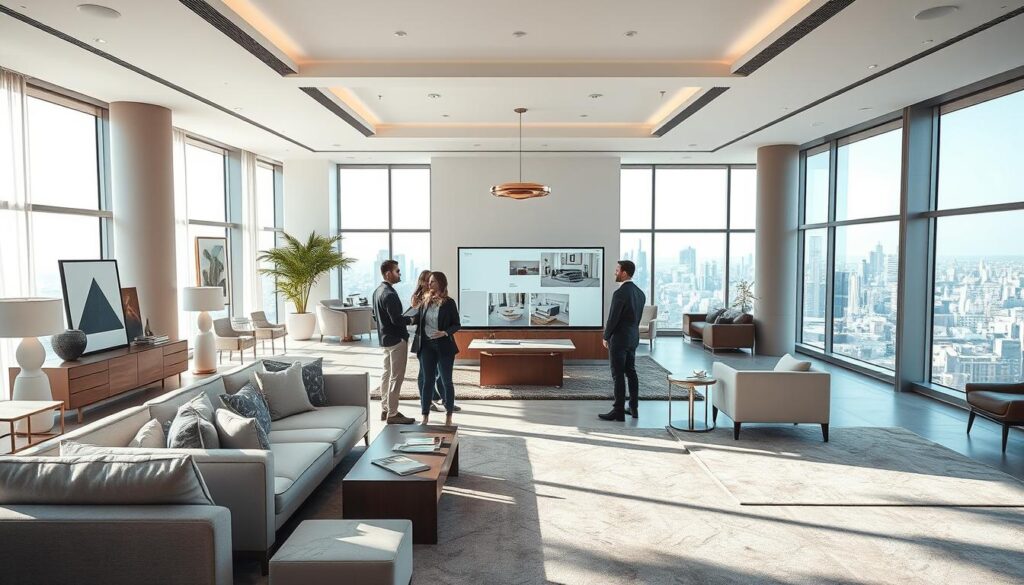 A luxurious modern interior design studio, showcasing the diverse range of projects an interior coordinator oversees. Sunlight streams through floor-to-ceiling windows, casting a warm glow on the minimalist yet sophisticated furnishings. Plush sofas, elegant lighting fixtures, and carefully curated art pieces create a serene and inviting atmosphere. In the foreground, a team of interior coordinators collaborate, discussing color palettes, fabric samples, and 3D renderings projected on a large display. The middle ground features an array of design elements - bespoke cabinetry, marble countertops, and custom-made rugs - highlighting the coordinator's ability to transform spaces. The background reveals an expansive view of the city skyline, symbolizing the diverse clientele and projects an interior coordinator may encounter within the industry.