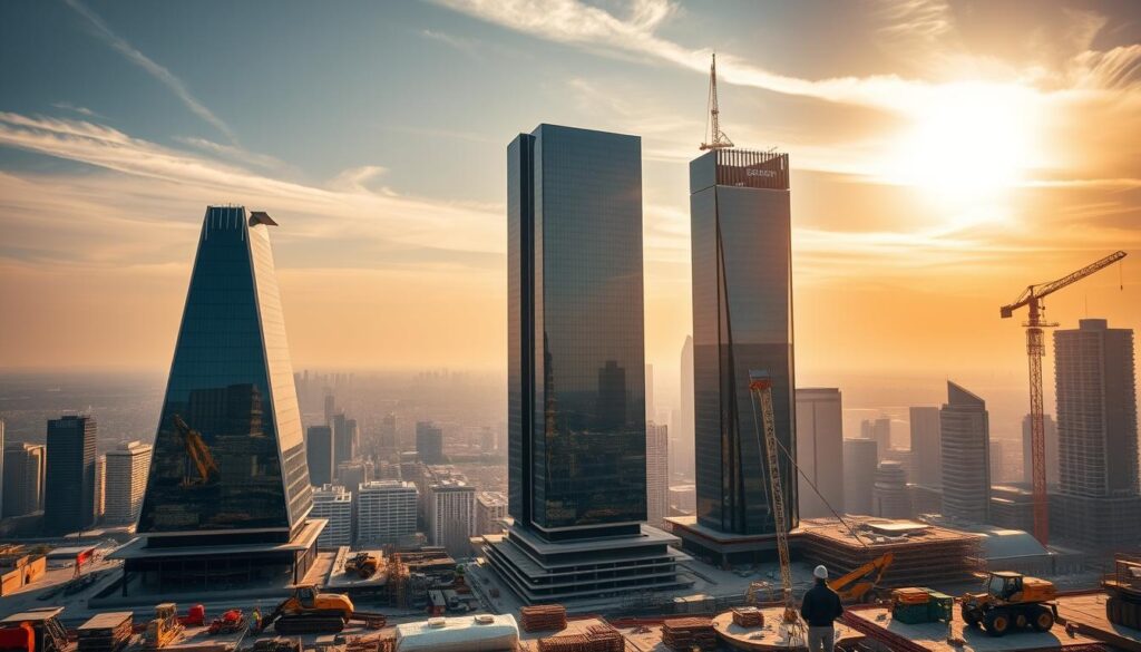 A majestic architectural skyline featuring the towering headquarters of three leading construction conglomerates. In the foreground, sleek glass and steel edifices with clean, modern lines stand tall, their facades reflecting the vibrant city landscape. The midground showcases bustling activity, with workers in hard hats moving materials and operating heavy machinery. In the background, a hazy urban panorama stretches out, punctuated by the silhouettes of iconic skyscrapers. Warm, golden sunlight filters through wispy clouds, casting a sense of progress and prosperity over the dynamic scene. The composition exudes a powerful, authoritative presence befitting the industry giants that dominate this thriving business district.
