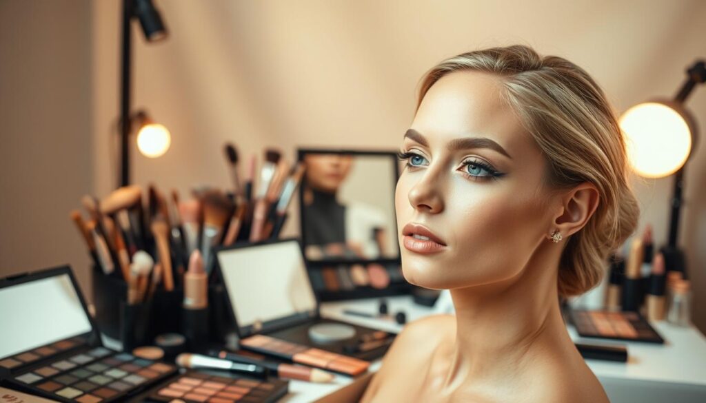 A makeup artist's workstation, filled with an array of makeup brushes, palettes, and tools of the trade. In the foreground, a model's face is delicately contoured and highlighted, their eyes adorned with expertly applied eyeshadow. Soft, warm lighting illuminates the scene, creating a tranquil, professional atmosphere. In the background, a backdrop of neutral tones provides a clean, uncluttered setting, allowing the focus to remain on the intricate, meticulous work of the makeup artist. The overall composition conveys the skilled, intricate nature of a makeup artist's craft, capturing the essence of their role in transforming and enhancing the natural beauty of their subjects.