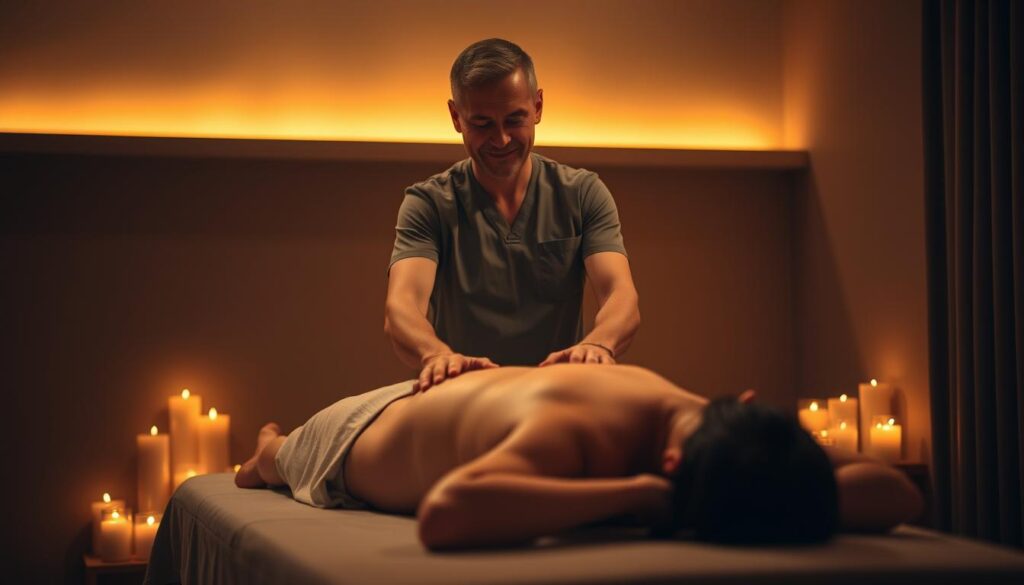 A massage therapist standing in a serene, dimly lit room, their hands expertly working the shoulders and back of a client lying face-down on a massage table. The therapist's expression is focused and calm, their movements fluid and intuitive. The room is filled with the soft glow of candlelight, creating a cozy, relaxing atmosphere. Warm, muted tones dominate the scene, with subtle highlights accentuating the therapist's hands and the client's form. The camera angle is slightly elevated, capturing the therapist's skill and the client's sense of tranquility. The overall impression is one of professionalism, empathy, and the therapist's deep understanding of the human body and the art of massage.