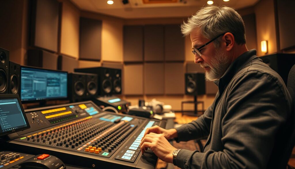 A masterful audio engineer meticulously fine-tuning a digital mixing console, surrounded by an array of high-end audio equipment and monitors. Soft, warm lighting illuminates the scene, creating a contemplative atmosphere. The engineer's expression is one of deep focus and dedication, their hands delicately adjusting knobs and sliders with precision. In the background, a large, acoustically-treated studio space with sound-dampening panels hints at the engineer's mastery of the sonic environment. The overall scene conveys a sense of the engineer's passion for their craft, the joy of problem-solving, and the fulfillment of shaping the final, polished sound.