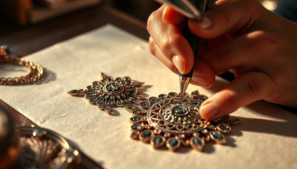 A masterfully crafted jewelry design composition with a skilled artisan's hands meticulously sketching intricate patterns on a luxurious jewelry piece. Detailed close-up view showcasing the designer's expert technique, their focused expression, and the intricate metalwork, gemstones, and filigree details. Soft, warm lighting illuminates the scene, casting gentle shadows that accentuate the textures and craftsmanship. The background is blurred, keeping the viewer's attention firmly on the central subject and the artistry of the jewelry design process.