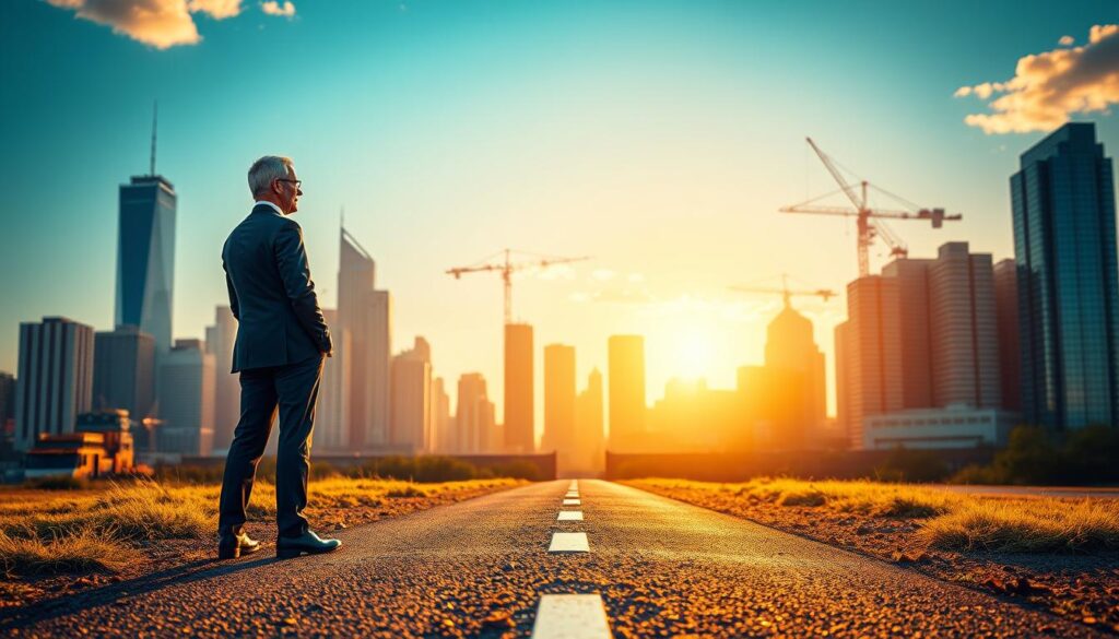 A mature businessman in a suit standing at a crossroads, looking contemplative. The scene is lit by warm, golden light, creating a pensive, reflective atmosphere. In the background, a busy city skyline with skyscrapers and cranes, symbolizing the challenges and opportunities of a midlife career change. The foreground features a detailed path split in two directions, inviting the viewer to consider the critical decisions and potential pitfalls of a 58-year-old's job transition. The image conveys the careful, thoughtful approach needed to navigate a successful career change later in life.