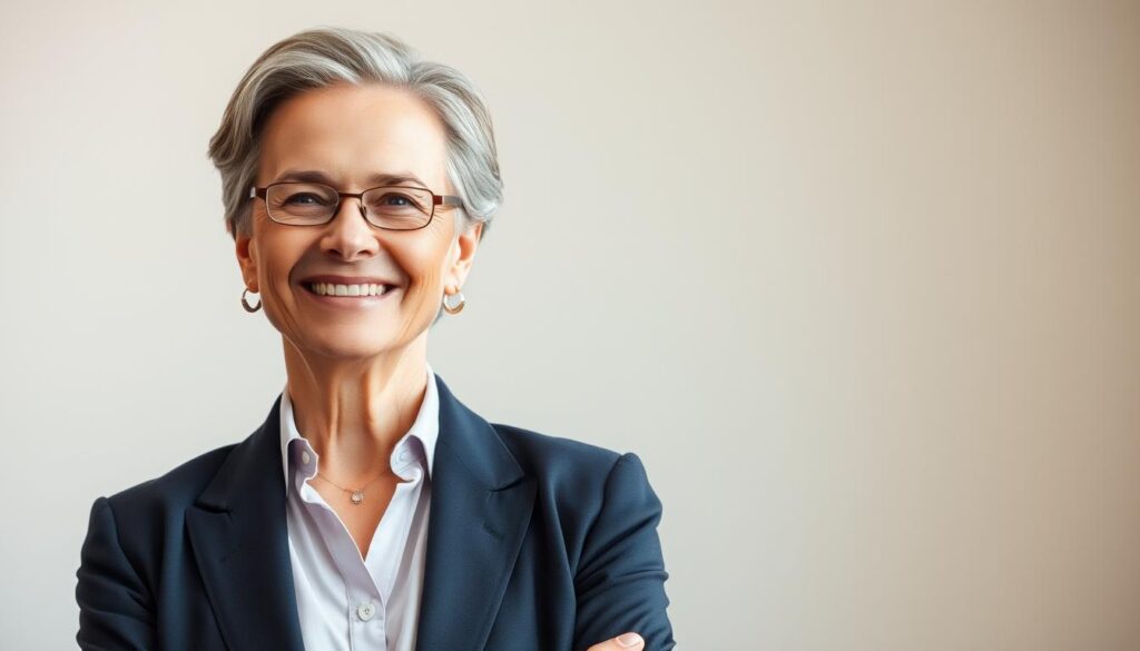 A mature, confident individual stands tall, shoulders back, a warm smile on their face. They are dressed in smart, professional attire, a well-tailored suit or blouse and slacks. The lighting is soft, creating a sense of approachability and wisdom. The background is subtly blurred, allowing the subject to be the focal point, radiating a sense of success and accomplishment. The image conveys an air of experience, resilience, and a willingness to embrace new challenges, reflecting the characteristics of a 60-year-old who has successfully navigated the path of midlife career transition.
