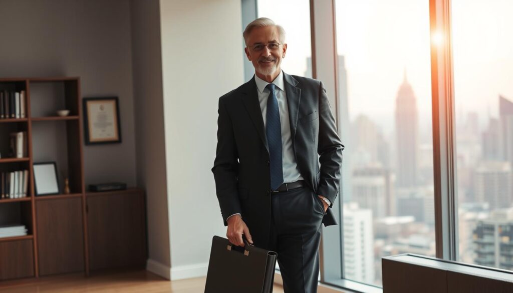 A mature executive stands confidently in a modern office, dressed in a well-tailored suit, briefcase in hand. The lighting is soft and warm, creating a professional yet approachable atmosphere. In the background, a large window overlooks a bustling city skyline, symbolizing the potential for new opportunities. Subtle details, such as a bookshelf and a framed diploma, suggest a lifetime of experience and expertise. The overall scene conveys a sense of strategic planning, determination, and the determination of a seasoned professional seeking a new chapter in their career.