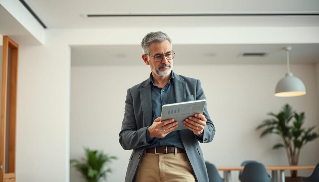 A mature professional standing confidently, reviewing career progression plans on a digital tablet against a backdrop of a modern, minimalist office. Soft, directional lighting highlights their thoughtful expression as they consider new opportunities. The scene conveys a sense of purposeful transition, with a subtle color palette and clean, geometric architectural elements evoking a calm, introspective atmosphere conducive to strategic career planning.