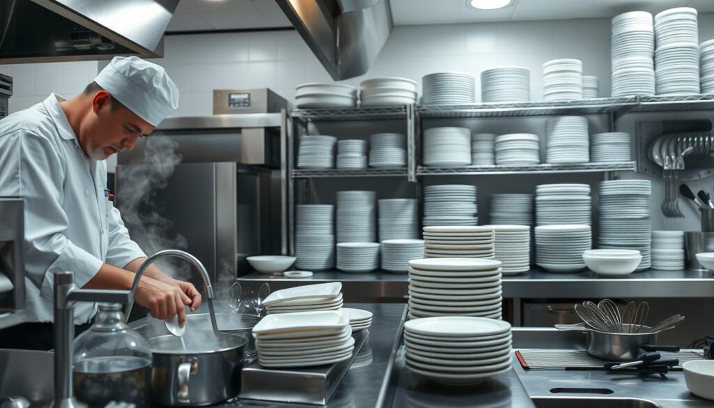 A meticulously clean and organized commercial kitchen. In the foreground, a chef diligently washing dishes under warm, soapy water, with steam rising. In the middle ground, stacks of clean plates, bowls, and utensils neatly arranged on metal shelves. The background features a well-lit stainless steel countertop, with various kitchen tools and appliances in their designated places. Soft, diffused lighting creates a calming, professional atmosphere, emphasizing the importance of maintaining a spotless and efficiently run food service operation.