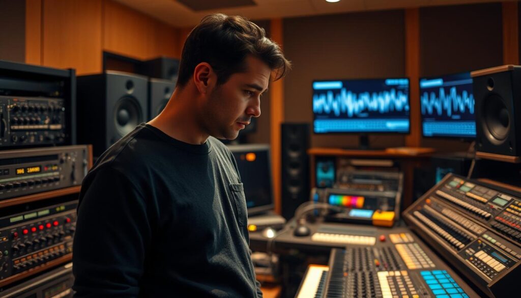 A meticulously crafted audio engineer, standing amidst an array of high-end audio equipment, deep in concentration. Warm lighting casts a contemplative glow, complementing the thoughtful expression on their face. In the background, a soundproofed studio space with soundwave visualizations on the monitors, hinting at the technical expertise required. The scene conveys a sense of dedication, precision, and an innate understanding of the intricacies of audio mastering, embodying the qualities essential for an accomplished mastering engineer.