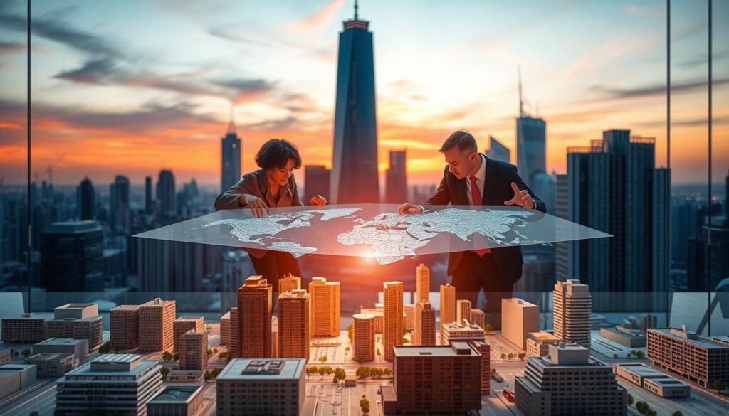 A meticulously crafted cityscape at dusk, with a towering skyscraper rising against a vibrant orange sky. In the foreground, a group of skilled urban planners huddled around a large holographic map, their hands gesturing animatedly as they discuss the intricacies of a complex redevelopment project. The middle ground features an array of architectural models and blueprints, each one a testament to the specialized knowledge and technical expertise required in the field of urban planning. In the background, a sleek, high-tech office space, complete with cutting-edge visualization tools and data analytics software, highlights the advanced technological capabilities that modern redevelopment planners must possess.