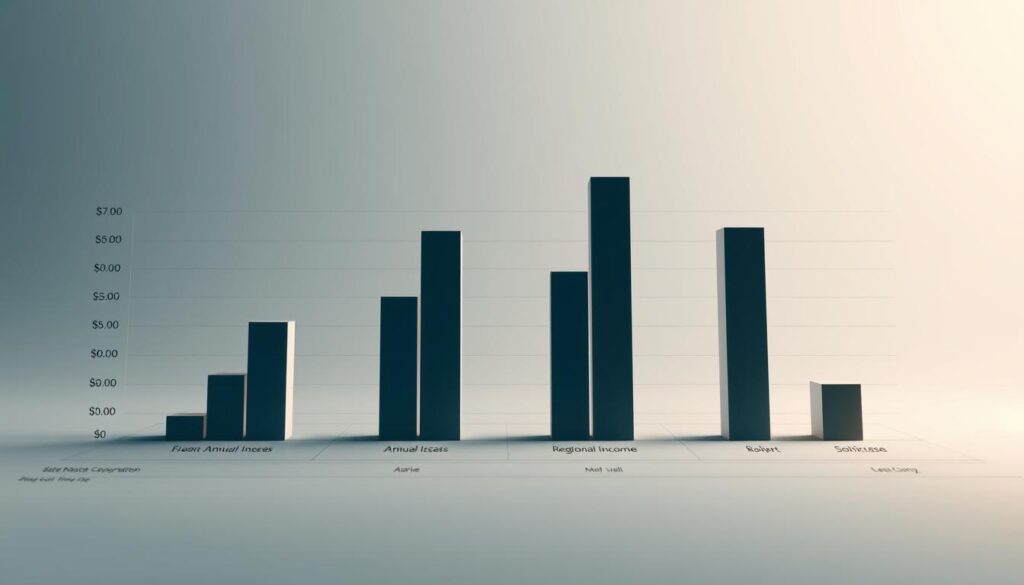 A meticulously crafted data visualization comparing regional annual incomes, presented in a sleek and modern style. The foreground showcases a clean, minimalist infographic with bold, high-contrast bars representing the varying salaries across different geographic areas. The middle ground features a subtle grid or chart framework, providing structure and context. The background is a serene, muted gradient, allowing the data to take center stage. Soft, directional lighting casts a professional, authoritative tone, while a slightly low camera angle emphasizes the significance of the information. The overall aesthetic is one of comprehensive analysis, clarity, and data-driven insights, befitting the subject matter.