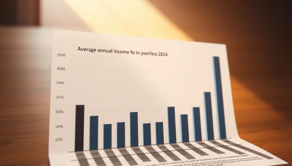 A meticulously crafted data visualization depicting the average annual income statistics for a specific profession, illuminated by warm, natural lighting and captured from a slight overhead angle. The foreground showcases an elegant bar graph or chart, its elements precisely rendered in a minimalist, infographic-style aesthetic. The middle ground features a muted background, allowing the data presentation to take center stage. The overall mood is one of informative clarity, inviting the viewer to explore the nuances of the financial landscape for this particular occupation.
