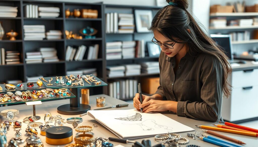 A meticulously crafted educational setting showcasing the intricate world of jewelry design. In the foreground, a student meticulously sketches a detailed piece, their focused gaze illuminated by a warm, directional light. The middle ground features a display of diverse gemstones, precious metals, and tools of the trade, inviting viewers to imagine the creative process. In the background, shelves of reference books and a sleek, modern workstation set the scene for a dynamic learning environment. The overall atmosphere conveys a sense of refined elegance, technical mastery, and the pursuit of artistic excellence in the field of jewelry design.