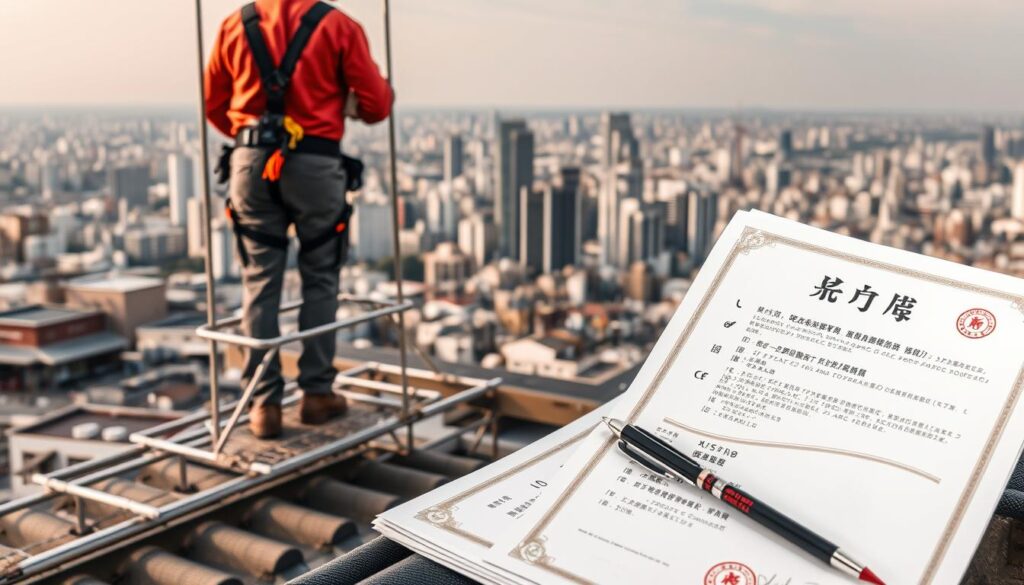 A meticulously crafted image showcasing the essential qualifications for the esteemed Japanese roofing profession. In the foreground, a set of official documents and certificates are prominently displayed, representing the training, licenses, and specialized skills required to excel in this field. The middle ground features a construction worker in a safety harness, standing atop a scaffolding, symbolizing the challenging yet rewarding nature of the roofing trade. The background depicts a panoramic view of a bustling urban skyline, highlighting the integral role that roofing professionals play in shaping the built environment. The overall composition conveys a sense of professionalism, expertise, and the pride inherent in mastering the 鳶職 craft.