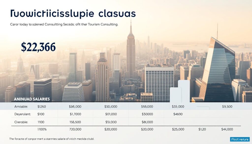 A meticulously crafted infographic displaying a comparative analysis of annual salaries across various employment sectors within the tourism consulting industry. The foreground features clean, minimalist data visualizations with bold, legible typography showcasing the nuanced salary ranges. The middle ground depicts a panoramic vista of a bustling city skyline, with skyscrapers and landmarks subtly alluding to the different work environments. The background is bathed in soft, warm lighting, creating a professional and informative ambiance. The overall composition is sleek, modern, and data-driven, seamlessly blending informational clarity with an aesthetically pleasing design.
