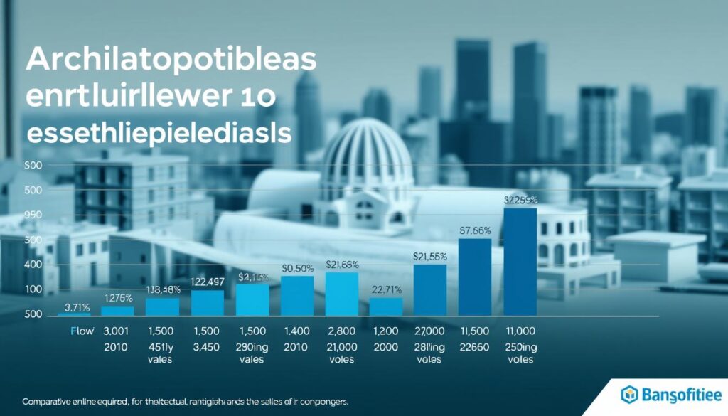 A meticulously crafted infographic displaying the comparative annual earnings of architectural professionals. In the foreground, a sleek, minimalist bar graph depicts the salary ranges for various architectural roles, from entry-level draftsmen to seasoned principals. The middle ground showcases architectural models and blueprints, hinting at the technical expertise required. The background features a softly blurred cityscape, evoking the urban landscape where these professionals ply their trade. The overall composition is balanced, with a cool, sophisticated color palette and subtle lighting that lends an air of authority and professionalism to the scene.