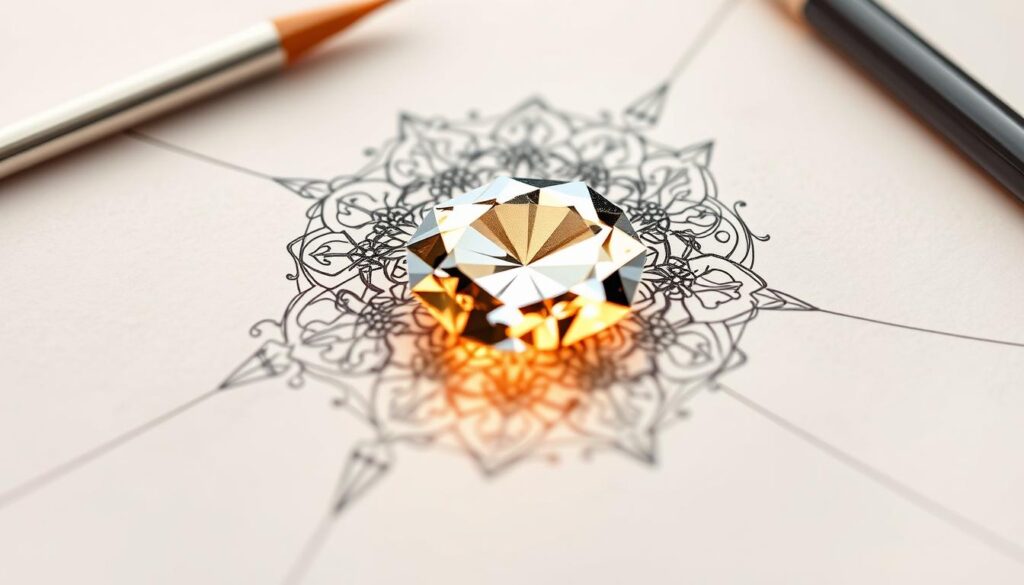 A meticulously crafted jewelry design sketch, featuring intricate patterns and delicate lines. The composition centers on a captivating gemstone, its facets reflecting a soft, warm light that illuminates the surrounding details. The background blends subtly, allowing the design to take center stage, showcasing the designer's keen eye for proportion, balance, and artistic flair. The image conveys a sense of elegance, precision, and the passion that drives the jewelry design process.