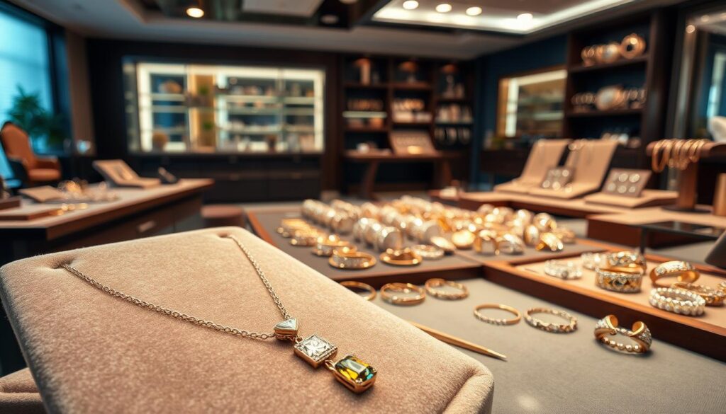 A meticulously crafted jewelry design studio, filled with the intricate creations of a successful jewelry designer. In the foreground, a delicate necklace with a shimmering gemstone pendant rests on a velvet display. The middle ground showcases an array of elegant bracelets and rings, each with a unique and intricate design. The background features a sleek and modern workspace, with mood lighting that casts a warm glow over the scene. The overall atmosphere exudes a sense of sophistication, artistry, and the culmination of a jewelry designer's passion and expertise.