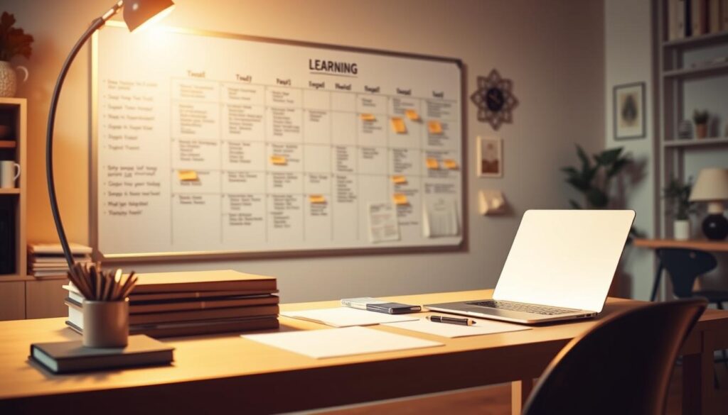 A meticulously crafted learning plan, illuminated by a warm, focused light. In the foreground, a clean, minimalist desk with a laptop, pen, and neatly organized study materials. The middle ground features a wall-mounted whiteboard, covered in a detailed schedule, milestones, and color-coded notes. The background showcases a cozy, well-lit home office, with tasteful decor and a calming atmosphere, encouraging deep concentration and steady progress. The overall composition conveys a sense of organization, diligence, and a commitment to self-improvement, perfectly suited to illustrate the section on "転職SPIの結果を改善するための学習計画".