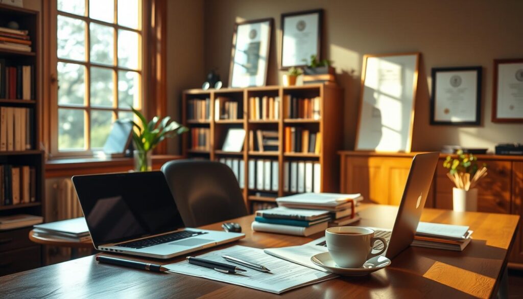 A meticulously crafted office workspace, bathed in warm, natural light filtering through large windows. On the desk, a laptop, research materials, and a cup of coffee, all arranged with purposeful organization. In the background, bookshelves and framed certificates hint at a professional's dedication to their career. The atmosphere exudes a sense of focus and determination, reflecting the careful research needed to craft a compelling job application. Subtle yet impactful, this scene captures the essence of strengthening one's career aspirations.