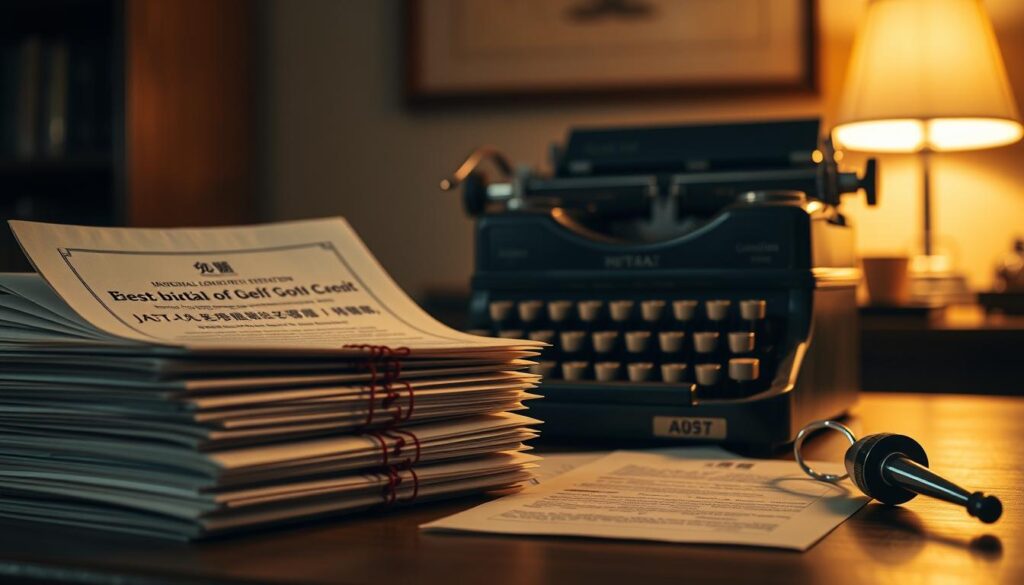 A meticulously crafted scene depicting the essential credentials of a seasoned reporter. In the foreground, a stack of official documents and certificates symbolizing the rigorous training and certifications required to become a respected "Rupō-raita" (literary journalist). The middle ground features an old-fashioned manual typewriter, a nod to the craft and dedication inherent in this profession. In the background, a dimly lit office setting evokes the serious, intellectual atmosphere necessary for producing impactful written works. Warm, golden lighting casts a contemplative glow, while subtle shadows suggest the diligence and focus needed to excel in this field. The overall composition conveys the authority, legitimacy, and hard-earned expertise of a true "Rupō-raita".