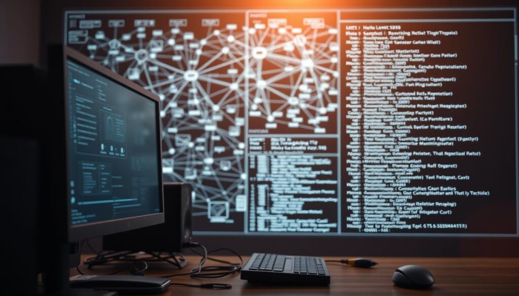A meticulously crafted scene depicting the essential technical skills required for a system administrator. In the foreground, a sleek desktop computer with various peripherals, showcasing expertise in hardware configuration and troubleshooting. The middle ground features a sprawling network diagram, illustrating mastery of network architecture, security, and administration. In the background, a holographic display presents lines of complex code, representing programming and scripting capabilities. Soft, warm lighting casts an air of professionalism and technical prowess, while the overall composition conveys the multifaceted nature of a system administrator's skillset.