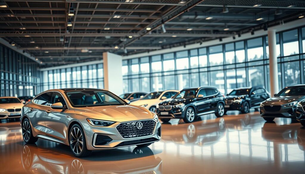 A meticulously crafted scene of a modern car dealership showroom, bathed in warm, inviting lighting. In the foreground, a sleek, cutting-edge sedan takes center stage, its chrome accents and aerodynamic curves suggesting power and sophistication. The middle ground showcases a variety of vehicles, each strategically positioned to highlight their unique features and appeal to discerning buyers. In the background, a panoramic view of the dealership's expansive showroom, with glass walls offering a glimpse of the bustling activity outside. The overall atmosphere conveys a sense of professionalism, innovation, and the promise of an exceptional automotive purchasing experience.