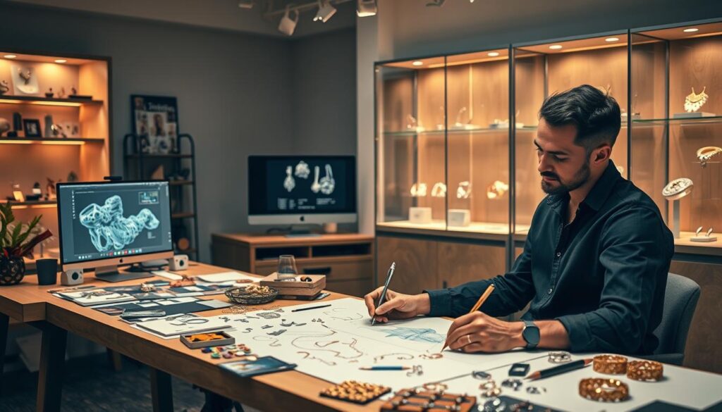 A meticulously crafted studio scene depicting the career progression of a jewelry designer. In the foreground, a skilled artisan meticulously sketches designs on a drafting table, surrounded by swatches of precious metals and gemstones. In the middle ground, a computer monitor displays 3D renderings of intricate jewelry pieces, while the designer contemplates the next steps. In the background, display cases showcase the designer's completed works, ranging from delicate necklaces to bold statement rings, all illuminated by warm, indirect lighting that enhances the luster of the materials. The scene conveys the creative passion, technical expertise, and entrepreneurial drive required to excel as a jewelry design professional.