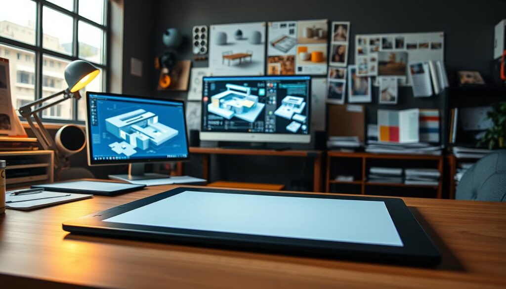 A meticulously crafted workspace, bathed in warm, soft lighting that casts a gentle glow over a collection of cutting-edge spatial design tools. In the foreground, a sleek, high-resolution graphics tablet and stylus, ready to bring digital visions to life. In the middle ground, a state-of-the-art computer display showcasing 3D modeling software, allowing the designer to sculpt intricate spatial layouts. The background reveals an array of reference materials, including architectural plans, color palettes, and inspirational images, all neatly organized to fuel the creative process. The overall atmosphere exudes a sense of focus, professionalism, and the seamless integration of technology and design.