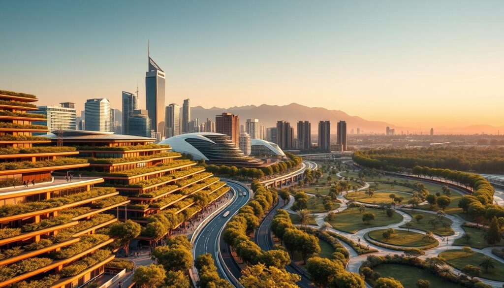 A meticulously designed eco-friendly city skyline, bathed in warm golden light and vibrant hues. In the foreground, sleek green-roofed buildings with energy-efficient architecture and lush vertical gardens cascade down terraced levels. The middle ground features public transit systems, pedestrian-friendly walkways, and an expansive urban park with winding paths and towering trees. In the background, a stunning mountainous landscape frames the scene, hinting at the harmonious integration of nature and modern infrastructure. The overall atmosphere conveys a sense of sustainable, livable, and community-oriented urban planning.