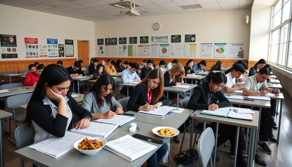 A meticulously designed examination hall, with rows of desks and chairs positioned neatly in a well-lit, airy space. The walls are adorned with informative posters and signage related to food coordination, creating an atmosphere of professionalism and academic rigor. In the foreground, a group of diligently focused examinees, their expressions intense as they tackle the written test, surrounded by the tools of their trade - recipe books, culinary instruments, and sample dishes. The scene is captured with a medium-wide angle lens, allowing the viewer to fully immerse themselves in the scene and feel the gravity of the moment as these aspiring food coordinators strive to earn their coveted certification.