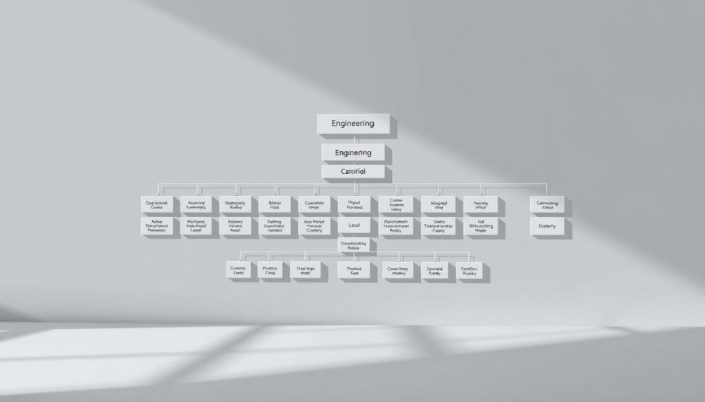 A meticulously designed organizational chart depicting the major engineering disciplines in a clean, minimalist style. The chart is rendered with a crisp, technical aesthetic, utilizing a neutral color palette of grays, blacks, and muted blues to convey a sense of professionalism and authority. The layout is structured and symmetrical, with clear hierarchy and grouping of related engineering specialties. Elegant iconography and subtle textures add depth and visual interest, while the overall composition strikes a balance between informative clarity and artistic refinement. The lighting is soft and diffused, casting subtle shadows that enhance the three-dimensional quality of the chart. The perspective is slightly elevated, providing an expansive view that suggests the breadth and complexity of the engineering field.