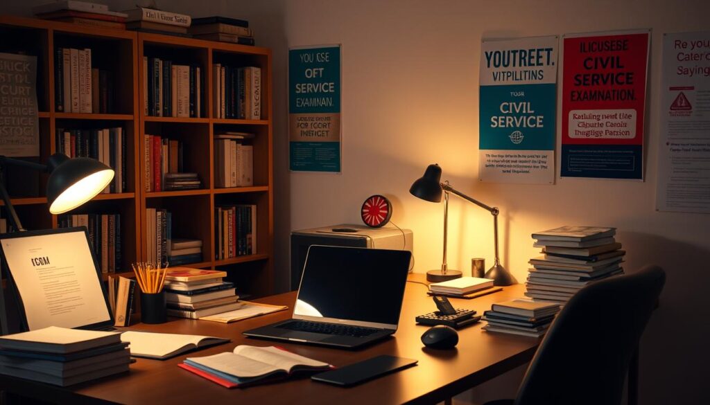A meticulously designed study area with a well-organized desk, a laptop, and various study materials. The lighting is warm and focused, creating a cozy and productive atmosphere. In the background, a bookshelf and a wall with motivational posters related to civil service examinations. The scene conveys a sense of diligence, preparation, and a determined pursuit of a career as a public servant.