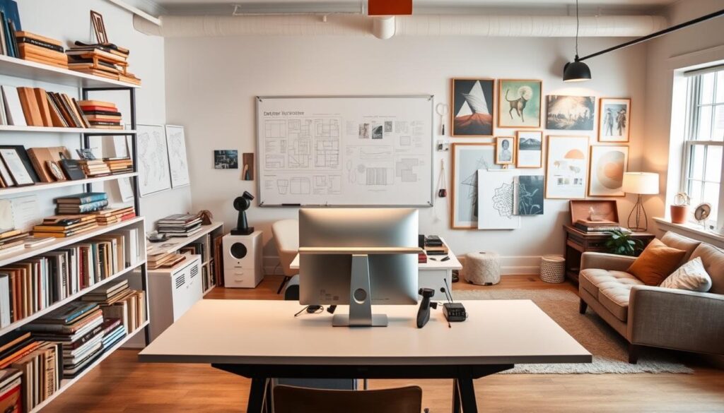 A meticulously designed workspace for a design producer, bathed in warm lighting and filled with an eclectic array of tools, resources, and inspirational materials. A sleek, minimalist desk hosts a high-end workstation, surrounded by shelves brimming with design books, swatches, and carefully curated samples. In the background, a large whiteboard displays intricate schematics and mood boards, while a cozy lounge area with plush seating and a wall of artful prints creates a cozy, contemplative space for ideation. The overall atmosphere is one of focused creativity, with every element thoughtfully considered to support the design producer's workflow and creative process.