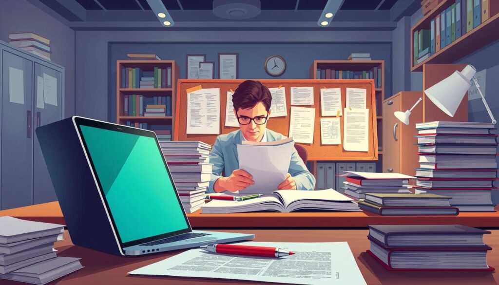 A meticulously detailed digital illustration depicting the workflow of a professional proofreader or editor. The foreground showcases a desk with a laptop, reference materials, and a red pen, symbolizing the careful scrutiny and attention to detail required in the editing process. The middle ground features a person intently focused on the screen, surrounded by stacks of documents and a corkboard displaying annotated pages, conveying the diligence and concentration needed. The background subtly shows a well-organized office space with bookshelves, filing cabinets, and subtle lighting, creating a calm and professional atmosphere. The overall scene captures the essence of the proofreader's role, emphasizing the precision, organization, and intellectual engagement inherent in the job.