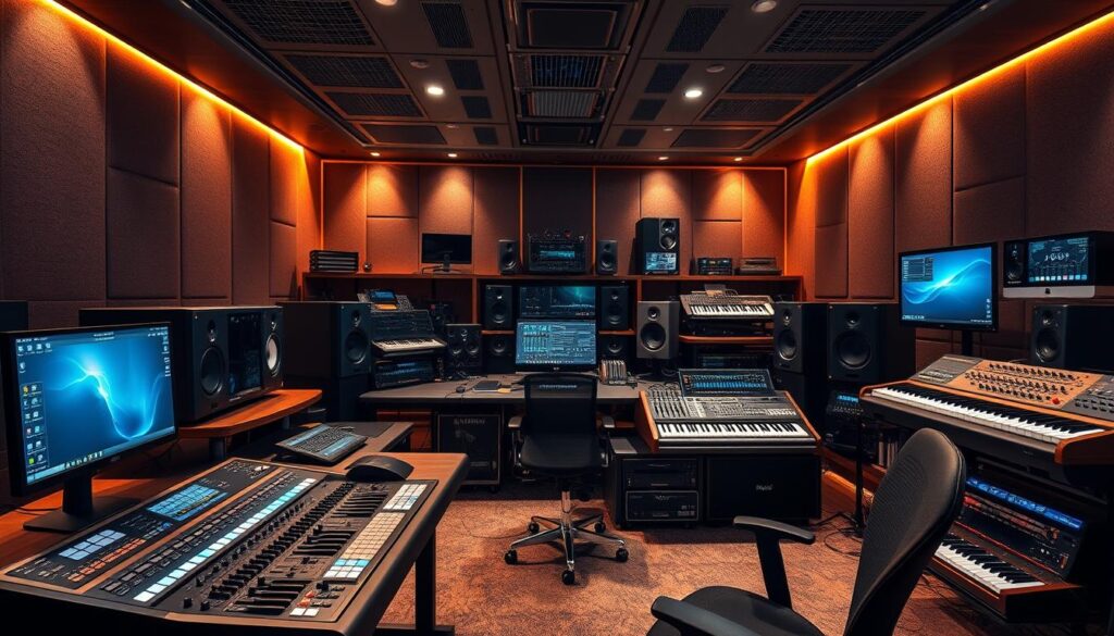 A meticulously detailed home studio for a skilled arranger, showcasing an array of cutting-edge digital tools and immersive audio technology. In the foreground, a sleek workstation with state-of-the-art mixing consoles, MIDI controllers, and a high-resolution display, bathed in warm, focused lighting. In the middle ground, rows of advanced software plugins, virtual instruments, and audio processing suites, each tailored for the arranger's precise creative needs. The background features a panoramic view of futuristic sound design equipment, from dynamic microphones and analog synthesizers to immersive surround sound systems, all integrated seamlessly to enable limitless musical exploration and expression.