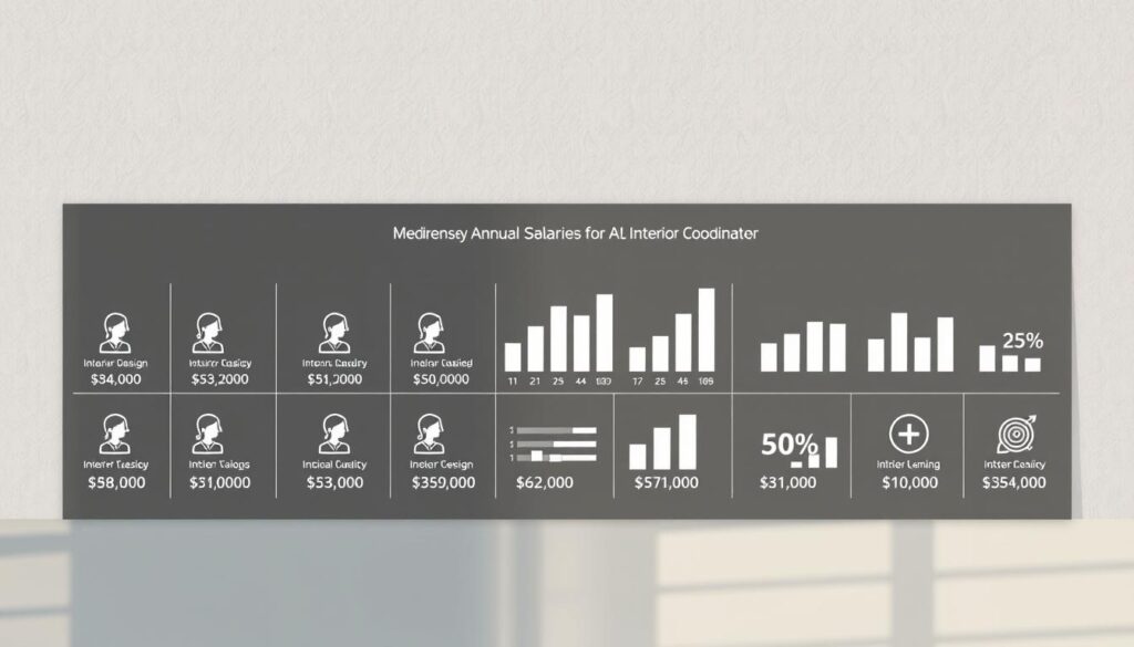 A meticulously detailed infographic showcasing the average annual salaries of interior coordinators, presented against a sleek, minimalist backdrop. The foreground features a grid-like arrangement of sleek, angular profile icons representing different interior design roles, each accompanied by their respective salary figures, elegantly displayed in a clean, typographic layout. The middle ground depicts a series of stylized bar charts and data visualizations, highlighting the comparative earning potential across various specializations within the field. The background is a subtly textured, muted color palette, creating a sense of sophistication and professionalism. Soft, directional lighting casts gentle shadows, accentuating the depth and dimensionality of the composition. The overall mood is one of informative precision, inviting the viewer to explore the nuances of an interior coordinator's financial landscape.