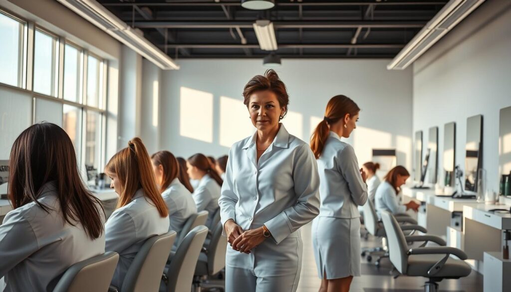 A meticulously detailed interior scene of a modern beauty school classroom. The foreground features several trainees in crisp white uniforms practicing hair cutting techniques on one another under the watchful eye of a seasoned instructor, her expression stern yet encouraging. The middle ground showcases a selection of state-of-the-art styling stations and professional-grade equipment, conveying the rigor and technical mastery required of the curriculum. In the background, floor-to-ceiling windows flood the space with warm, natural light, casting a serene, focused atmosphere conducive to learning the art of cosmetology. Soft, diffused shadows add depth and dimension, while the overall composition suggests a nurturing, disciplined environment where the next generation of skilled beauticians are molded.