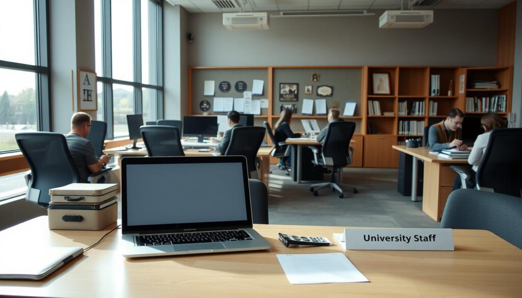 A meticulously detailed office interior, illuminated by natural light filtering through large windows. In the foreground, a neatly organized desk with a laptop, stationery, and a nameplate displaying "University Staff". Behind it, a bookshelf filled with reference materials, and a bulletin board showcasing employee accolades. The middle ground features ergonomic office chairs and desks, with university employees engaged in various administrative tasks. The background subtly hints at the campus landscape outside, creating a sense of place. The overall atmosphere radiates professionalism, productivity, and the rewarding nature of a career in university administration.