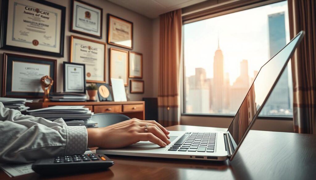 A meticulously detailed office scene featuring the necessary skills and qualifications for a securities analyst. In the foreground, a professional's hands type on a sleek silver laptop, surrounded by stacks of financial reports and a calculator. The middle ground showcases certificates, diplomas, and awards framed on the wall, reflecting the analyst's expertise. In the background, a large window overlooking a bustling city skyline, bathed in warm, golden afternoon light, symbolizing the high-stakes world of finance. The overall atmosphere conveys a sense of focus, diligence, and the mastery required to excel as a securities analyst.