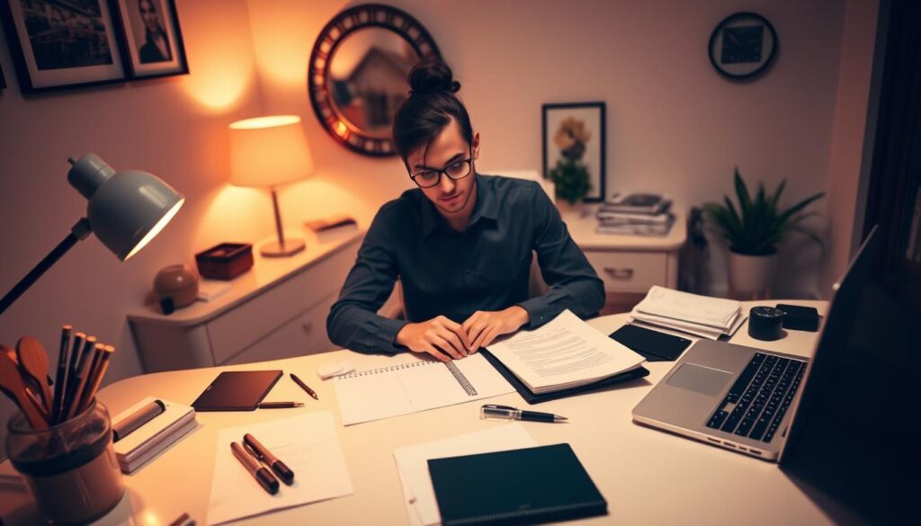 A meticulously organized home office, with a well-lit desk showcasing a neatly arranged array of documents, pens, and a laptop. The soft, warm lighting creates a contemplative atmosphere, as the subject diligently reviews and refines their job application materials. Elegant, minimalist decor and carefully curated accessories lend an air of professionalism and attention to detail. The scene conveys a sense of focus and determination, as the individual prepares to present their best self to potential employers, determined to overcome any setbacks and secure their dream job.