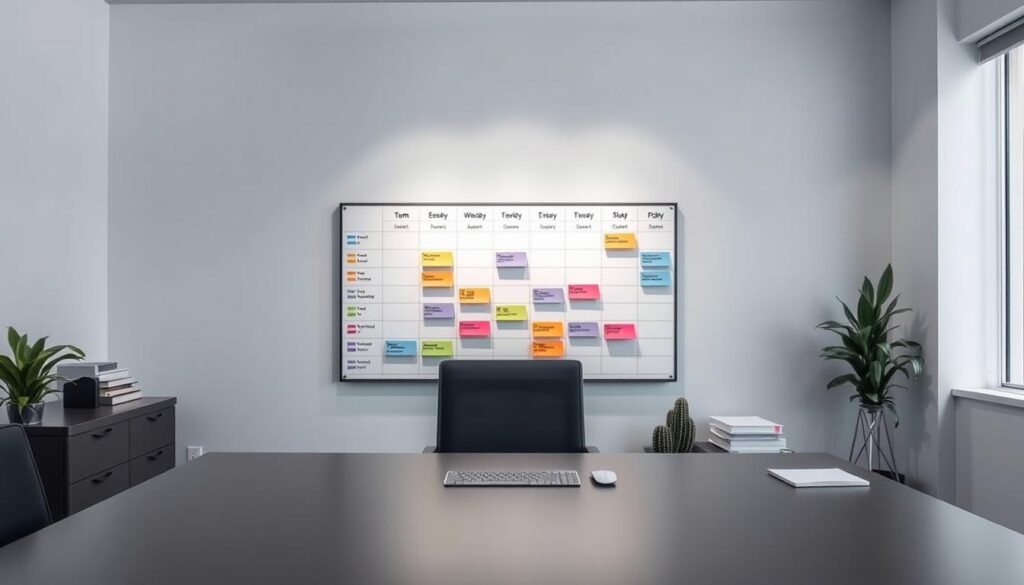 A meticulously organized office workspace, with a large desk showcasing a neatly arranged schedule board. The board features color-coded blocks representing various tasks and appointments, reflecting the meticulous planning of a color coordinator's daily routine. Soft, diffused lighting illuminates the scene, creating a sense of focus and productivity. The background is a serene, minimalist space, allowing the schedule board to take center stage. The overall atmosphere conveys a professional, efficient, and visually appealing work environment tailored to the needs of a color coordinator.