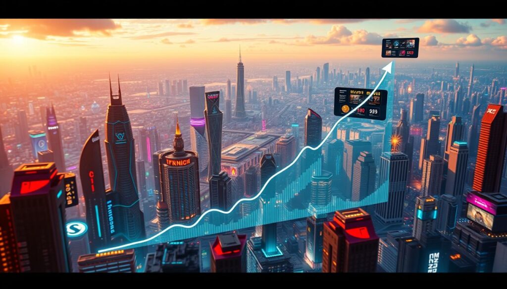 A meticulously rendered digital illustration depicting the projected growth of the video game market. In the foreground, a vibrant, neon-infused cityscape bustling with futuristic skyscrapers and holographic displays showcasing trending game titles. In the middle ground, a dynamic data visualization chart projecting an exponential upward trajectory, complemented by floating infographic elements highlighting key industry metrics. The background features a vast, panoramic vista of a sprawling, high-tech metropolis, its skyline punctuated by towering, cutting-edge game development studios. The scene is illuminated by a warm, cinematic lighting scheme, conveying a sense of optimism and innovation that characterizes the rapidly evolving video game landscape.