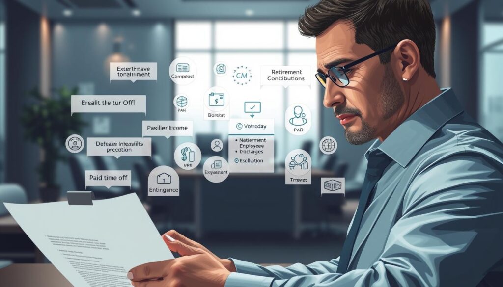 A meticulously rendered illustration showcasing the intricate relationship between employee benefits and the true value of annual income. In the foreground, a businessman thoughtfully examines a stack of documents, his expression one of careful consideration. The middle ground features a detailed visualization of various benefits like healthcare, retirement contributions, and paid time off, each element crafted with a high level of realism. The background sets an office environment, with sleek furniture, subdued lighting, and a sense of professional contemplation. The overall tone conveys the gravity and importance of understanding the full compensation package beyond just the base salary figure.
