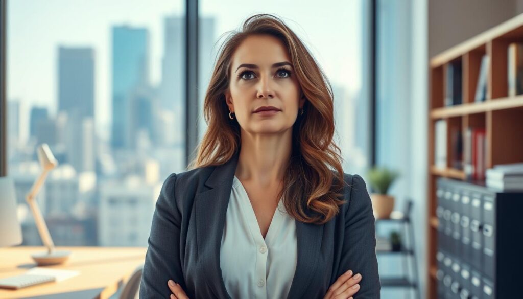 A mid-adult woman stands in a professional office setting, her gaze thoughtful as she considers her career options. The lighting is soft and natural, casting a warm glow on her face. The background features a blurred cityscape, hinting at the diverse industries available for her to explore. The woman's body language conveys a sense of determination, her posture straight and confident. Geometric shapes in the form of filing cabinets, desks, and shelves frame the scene, creating a sense of structure and organization. The overall atmosphere is one of introspection and possibility, capturing the essence of a 40-year-old woman's journey to find her next professional path.